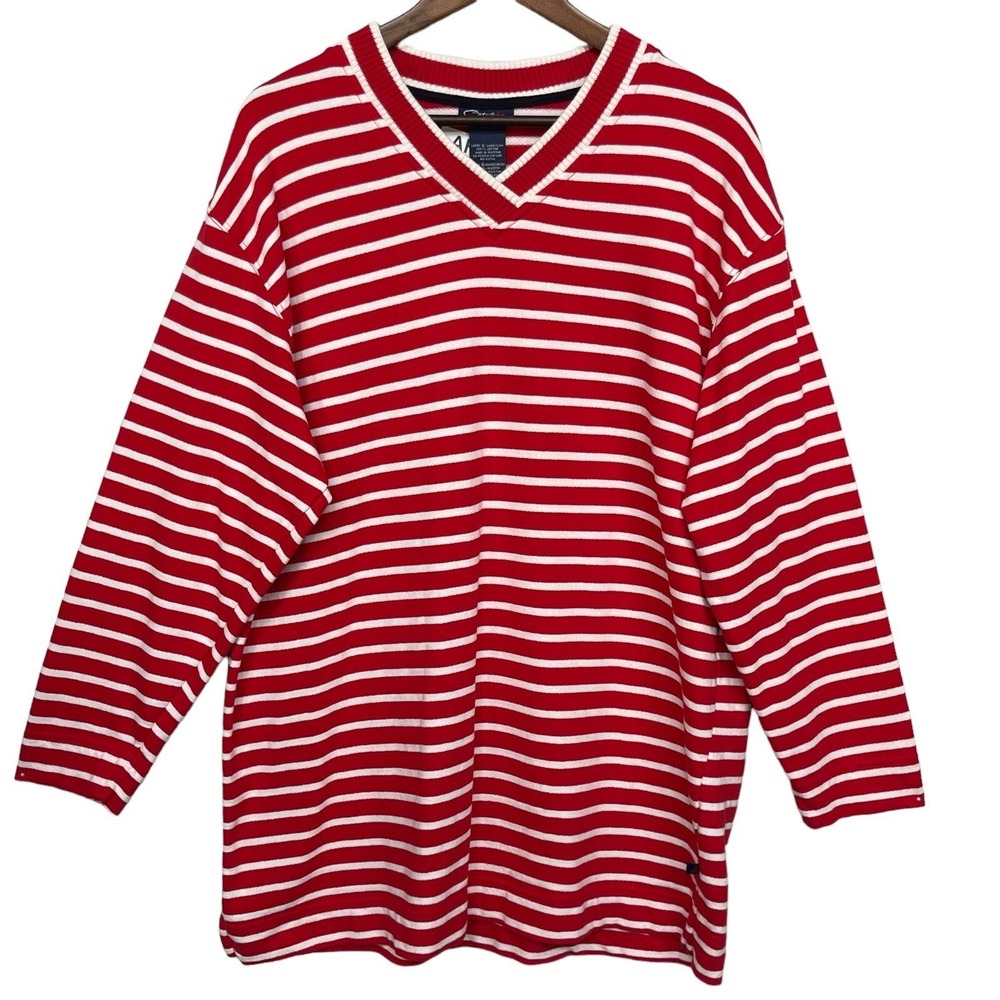 Catalina Striped V-Neck Top Women L Red White Long Sleeve Cotton Casual Exc